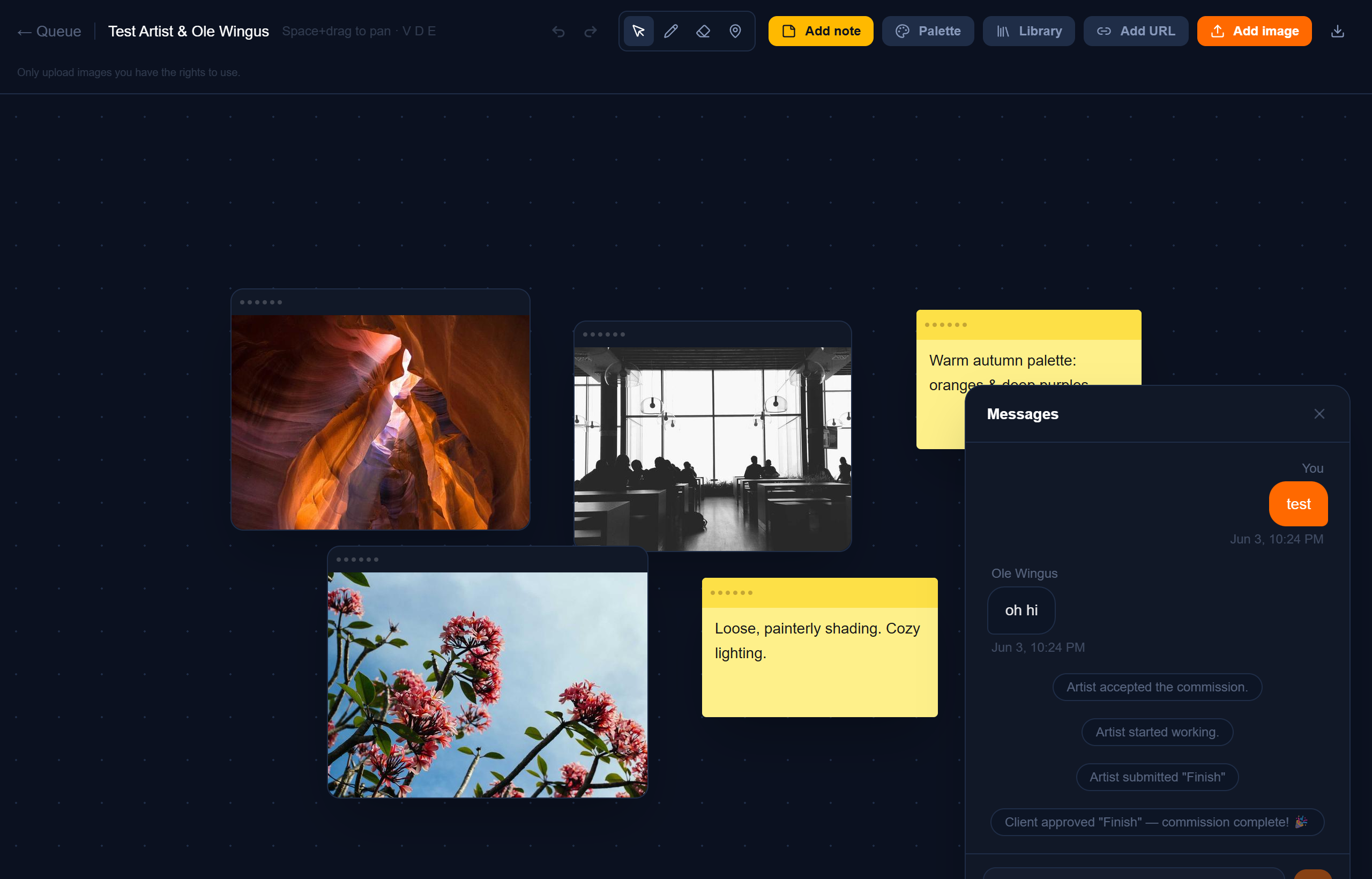 A Studio Queues mood board with reference images, a color-palette note, and the commission chat panel