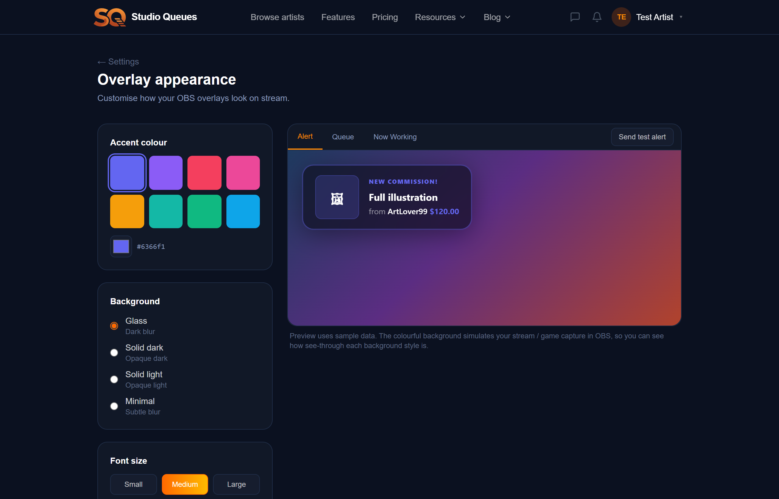 Studio Queues overlay appearance editor with a live commission-alert preview