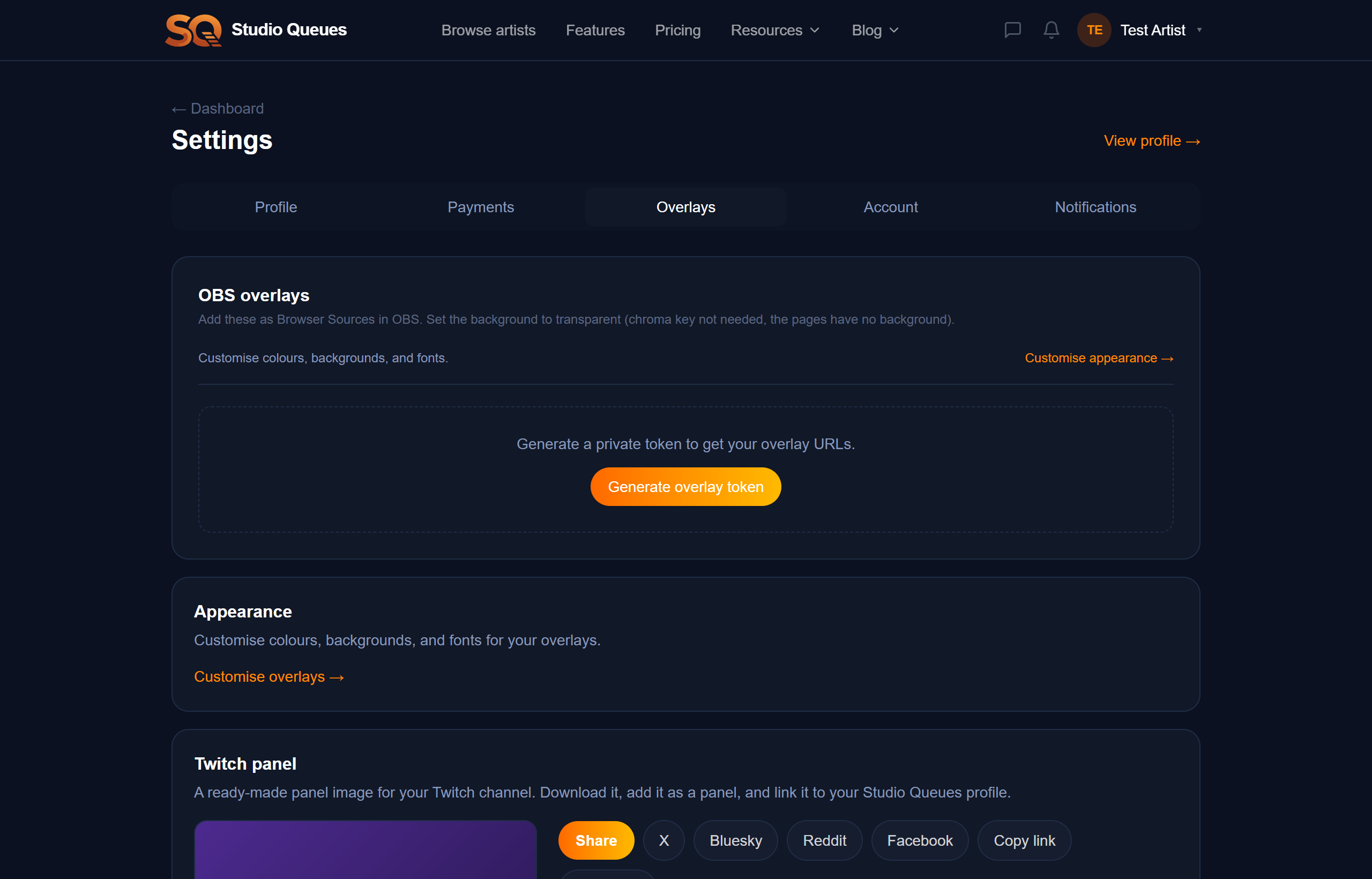 Studio Queues settings page showing the OBS overlay URLs and Twitch panel generator