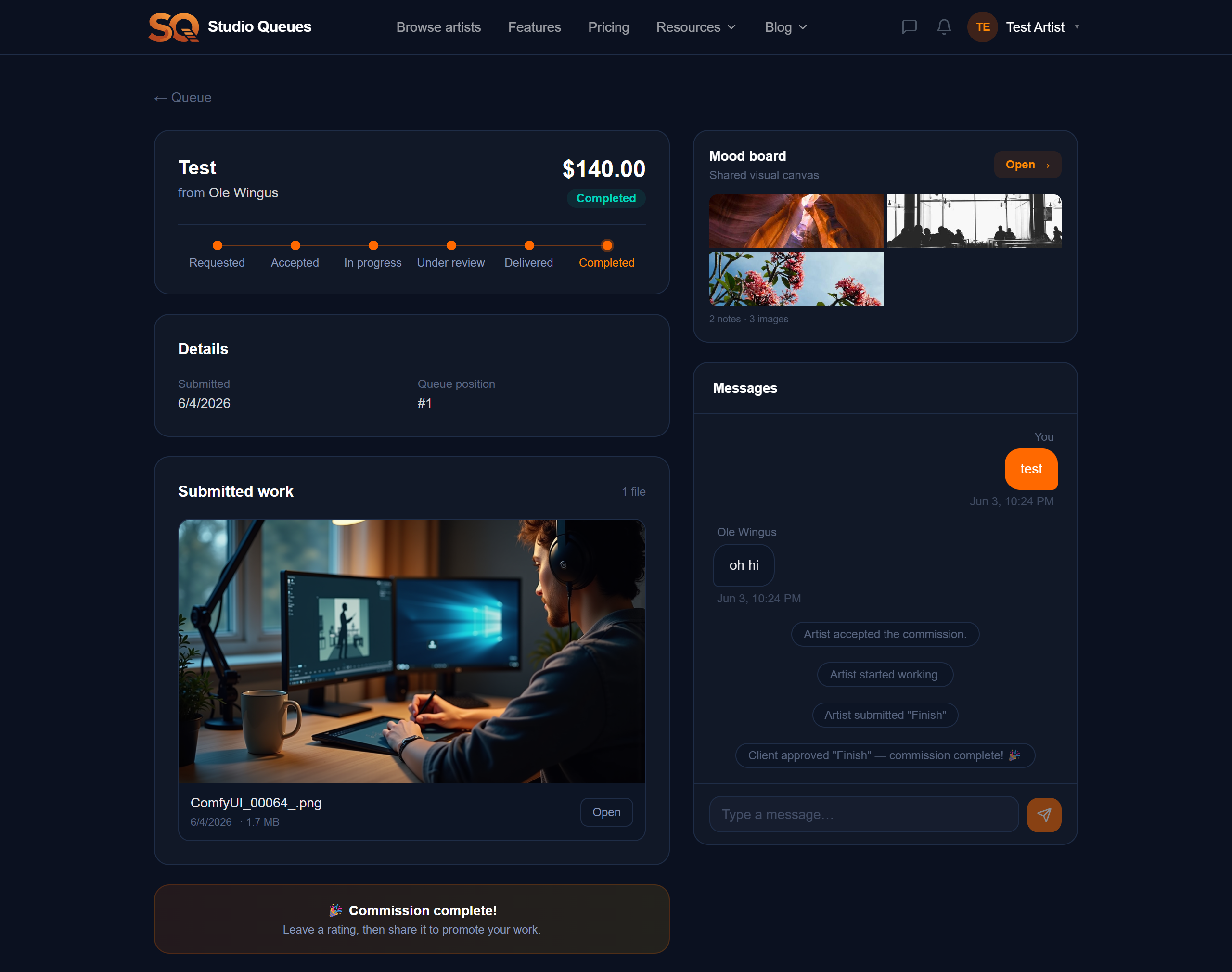 A Studio Queues commission workspace showing the status timeline from requested to completed
